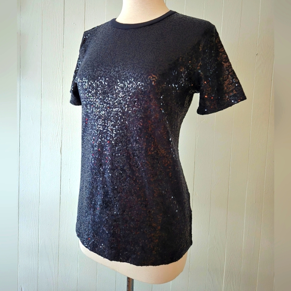 DKNY Elegant Navy Sequin T- Shirt Top Size S